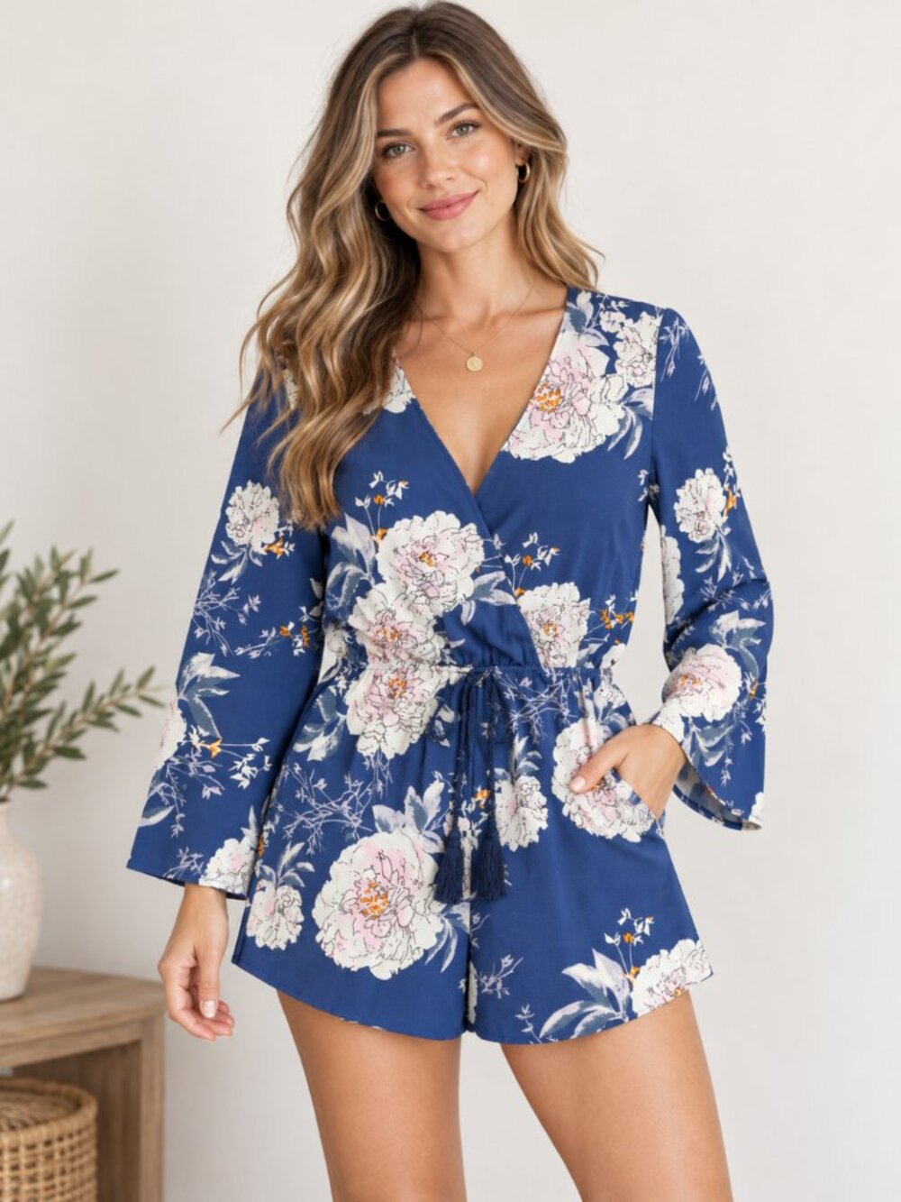Blue Floral Bell Sleeve Shorts Romper Size M Lightweight